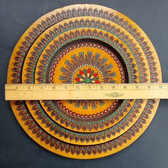 VTG Handcrafted Set of 3 Wooden Trays Decorative Plates Folk Art Mandala Design - Picture 7 of 14